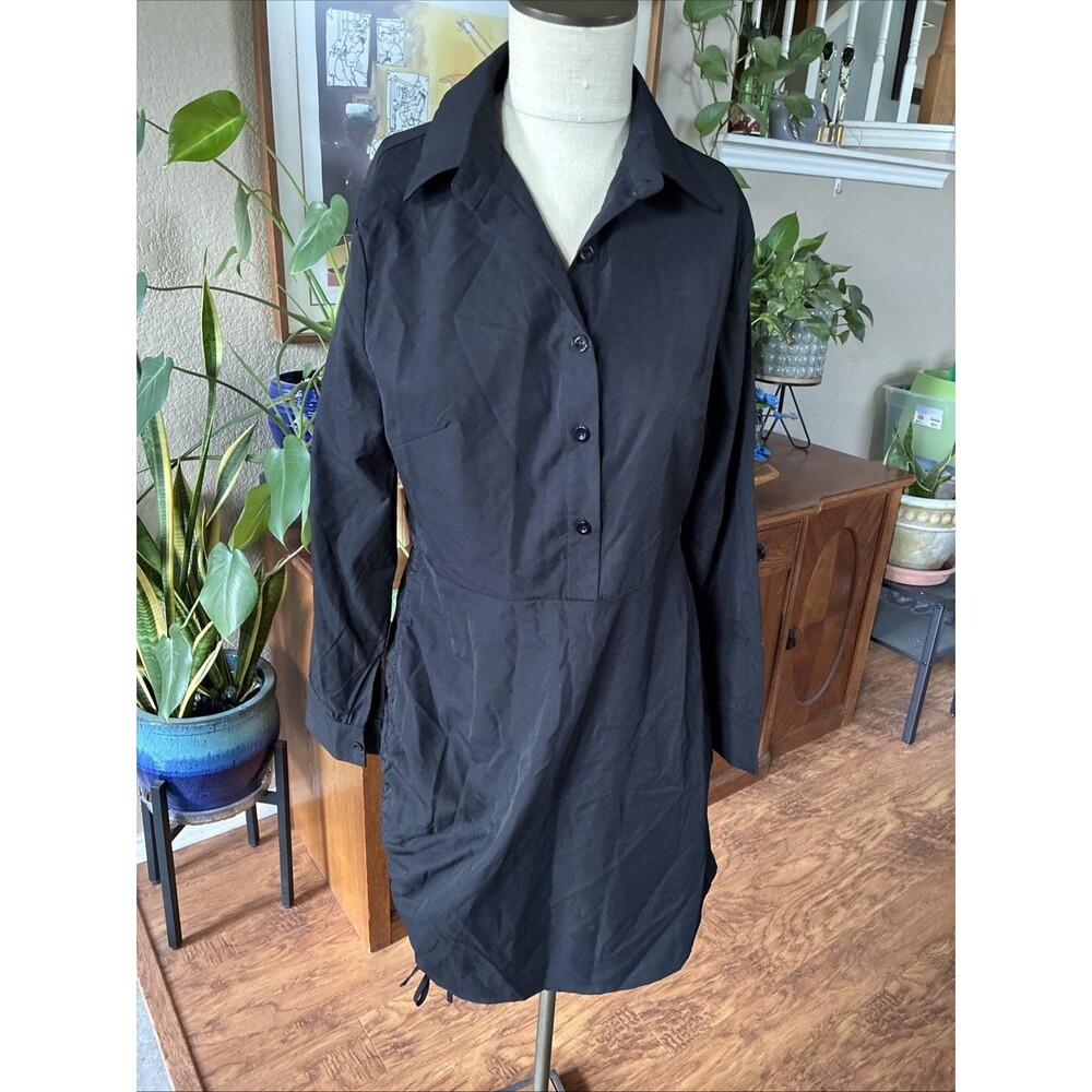 Yishaleiman Shirt Dress Size M Black Button Down Side Zip Classic Casual